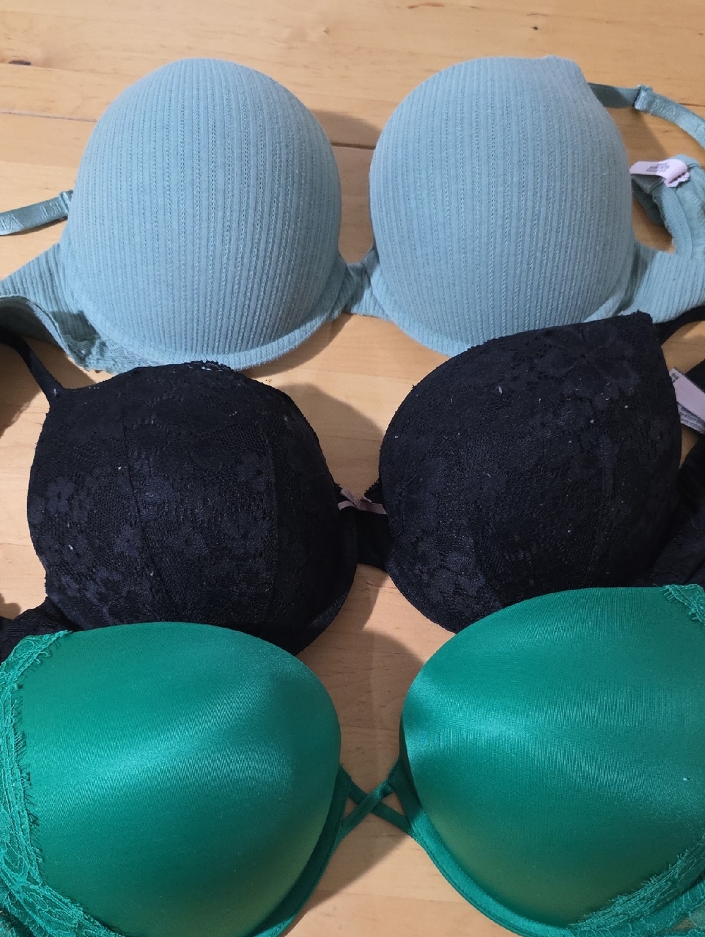 Victoria's Secret Three-Pack Bra Set in Teal, Black, and Mint